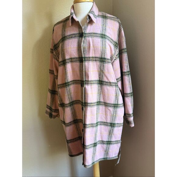 NWOT Wild Fable Womens Plaid Button Front Wool Blend Long Shacket Pink Medium - Picture 2 of 14
